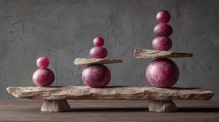 Delicate purple grapes are skillfully stacked on pieces of natural wood, creating a pleasing zen display that encourages calm and balance.の素材