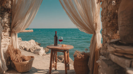 Linen curtains sway in the breeze while wine sits on a table beside the calm sea, offering a peaceful view and relaxing ambiance.の素材