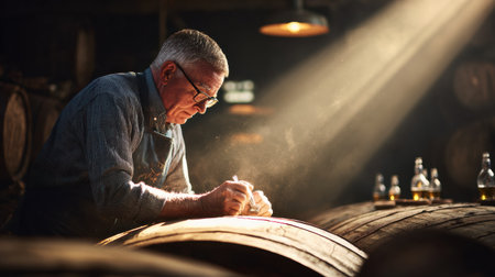 An artisan closely examines a wooden barrel, illuminated by a golden spotlight, creating an elegant atmosphere filled with craftsmanship.の素材