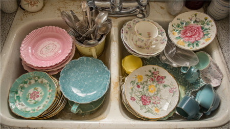 Unwashed plates, cups, and spoons fill the kitchen sink, showing a cluttered space that needs cleaning and organizing.の素材