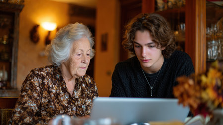 An elderly woman shares her knowledge of computer skills with a young student in a cozy home, surrounded by warm lighting and a friendly atmosphere.の素材