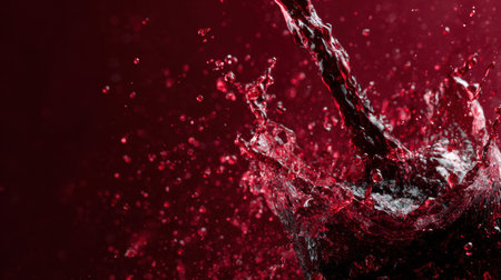 Red wine pours gracefully, creating splashes in an elegant motion on a dark premium backdrop, capturing a moment of luxury.の素材