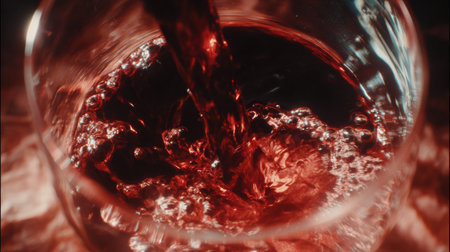 Rich red wine cascades into a glass, capturing stunning slow motion details and vibrant contrasts against a dark background.の素材