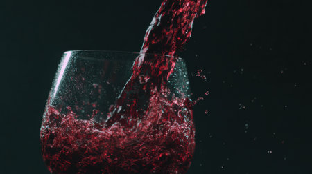 Slow motion footage captures a rich red wine pouring into a glass, showing its deep color and the dynamic splashes against a dark background.の素材