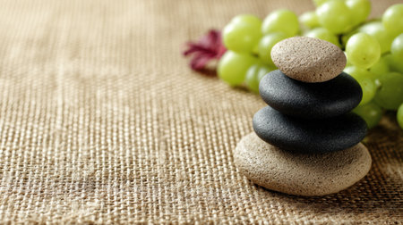 Burlap fabric sets a calming scene with stacked stones and fresh grapes, perfect for relaxation.の素材