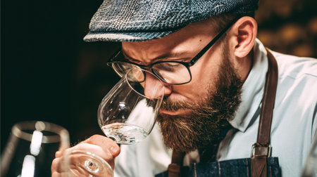Winemaker carefully tests wine aroma in a glass inside a warm and inviting tasting room, highlighting the nuances of the beverage.の素材
