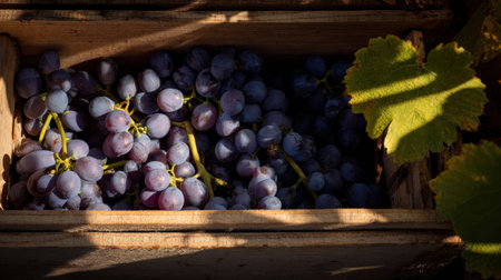 Grapes are gathered in a wooden crate, showcasing their rich color and texture during the harvest season in a tranquil setting.の素材