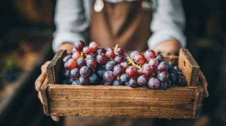 Hands of a winemaker showcase freshly picked grapes above a wooden crate in a rustic vineyard environment during harvest season.の素材