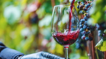 A winemaker pours red wine into a glass to assess its quality against a backdrop of vibrant vineyard grapes and greenery.の素材