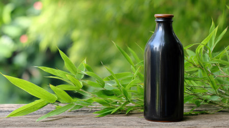 A black bottle stands elegantly beside vibrant bamboo leaves, illuminated by soft natural light, showing a tranquil atmosphere.の素材