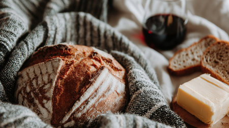 Relax in the gentle morning light with a warm loaf of bread, creamy butter, and a glass of rich wine, all wrapped in comfort.の素材