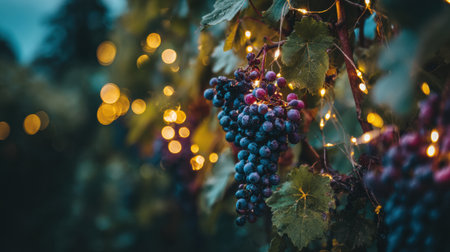 Grapes glow softly under tiny golden fairy lights, enhancing the vineyards nighttime charm with a touch of magic.の素材