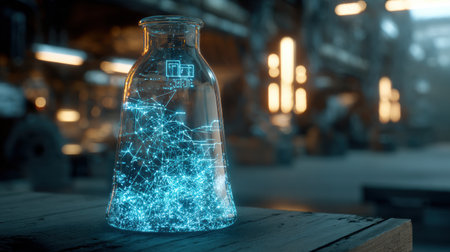 A bottle filled with glowing data patterns stands on a wooden surface in a dimly lit sci-fi laboratory, showcasing advanced technology.の素材