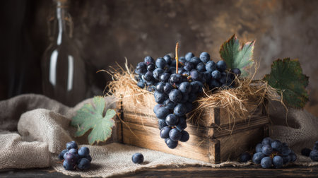 Juicy purple grapes are arranged in a wooden crate filled with straw, set against an earthy, rustic backdrop highlighting their freshness.の素材