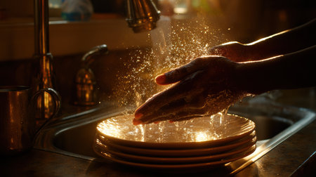 A person cleans dishes by hand in warm evening light, creating bubbles and splashes of water in a cozy kitchen setting.の素材