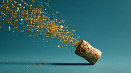 A cork from sparkling wine is popping off, sending golden particles into the air, creating a festive and elegant atmosphere of celebration.の素材
