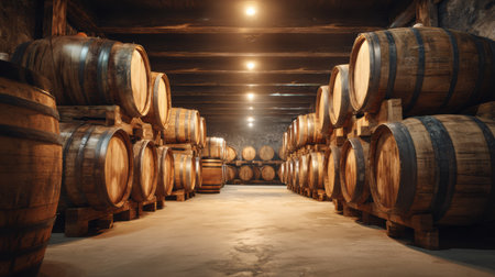 Rows of wooden wine barrels sit in a dimly lit cellar, creating a warm and inviting atmosphere typical of traditional wineries.の素材