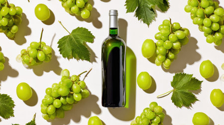 Beautifully set wine bottle surrounded by fresh green grapes and leaves on a white canvas, perfect for a relaxed gathering or celebration.の素材