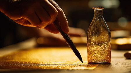 The winemaker uses a brush to apply wax to seal the bottle, creating a dramatic and rich golden atmosphere around the workspace.の素材