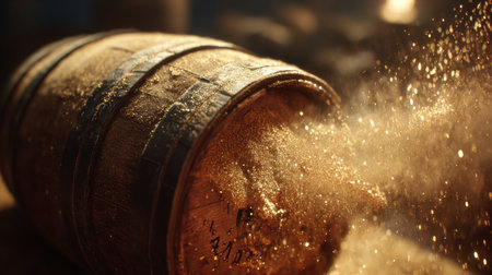 Strong contrast emphasizes golden dust swirling around an open barrel in a dimly lit setting, showing fine details and textures.の素材