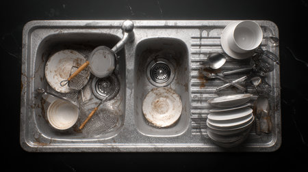 A cluttered kitchen sink shows piles of dirty dishes, greasy utensils, and leftover food particles, revealing a busy cooking environment.の素材
