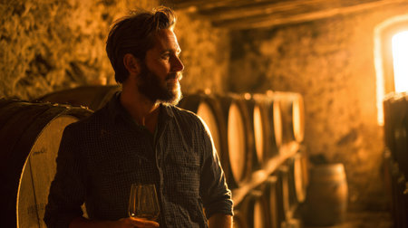 A winemaker stands in a cellar bathed in warm golden light, reflecting on his craft surrounded by wooden barrels.の素材