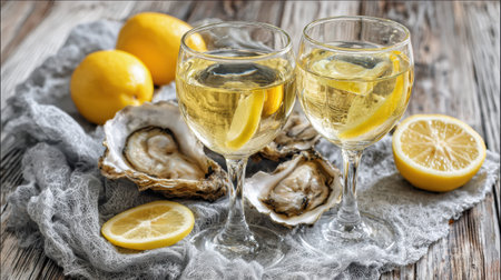 Enjoy fresh oysters paired with crisp wine and served with lemon wedges, perfect for a seaside dining atmosphere.の素材