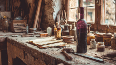 A dusty carpenter table holds a wine bottle and assorted tools, surrounded by an atmosphere of creativity and craftsmanship in an old workshop.の素材