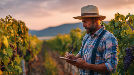 A winemaker carefully examines ripe grapes in a vineyard at golden hour, surrounded by lush vines under soft warm light.の素材
