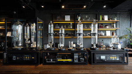 Advanced wine lab equipment displays glass tubes and sleek industrial design in a well-lit workspace, emphasizing precision and elegance.の素材