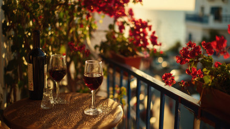 A balcony decorated with vibrant flowers holds two glasses of red wine and a bottle, capturing the magic of evening light in the Mediterranean.の素材