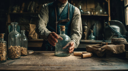Artisan winery worker focuses on sealing a glass bottle with a cork in a rustic workshop filled with crafting tools.の素材