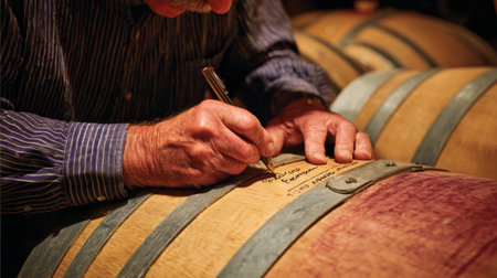 Craftsman carefully writes labels on oak barrels, highlighting his dedication to winemaking in a rustic vineyard cellar setting.の素材