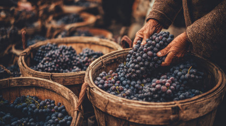 Workers carefully gather ripe grapes into weathered wooden baskets, showing the authentic essence of vineyard life during harvest season.の素材