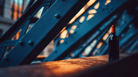 A wine bottle rests on a textured surface amid striking steel beams, capturing the warmth of sunset light in an urban environment.の素材