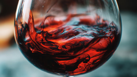 Close-up of rich red wine swirling in a glass, creating a dark and premium atmosphere perfect for evening relaxation.の素材