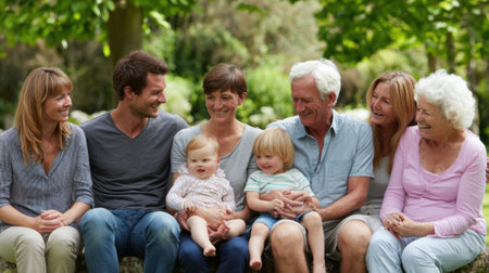A joyful multigenerational family gathers outside, sharing laughter and smiles under warm, cinematic light in a lush natural setting.の素材