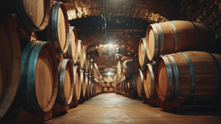Sturdy oak barrels are neatly stacked in a dim winery cellar, bathed in warm light that enhances the vintage and inviting atmosphere.の素材