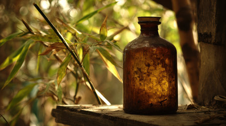 A glass bottle rests on a wooden surface, illuminated by soft natural light filtering through bamboo leaves, creating a serene atmosphere.の素材