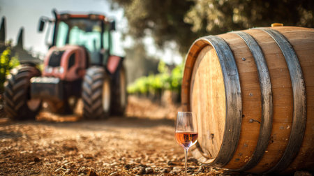 A vineyard scene features a tractor in the background and a glass of wine resting on a wooden barrel, showcasing countryside charm.の素材