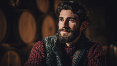 Winemaker smiles in a cozy cellar, surrounded by barrels, illuminated by warm golden light, reflecting his dedication and love for wine.の素材
