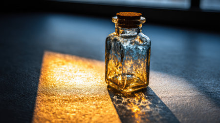 A glass bottle with a cork lid rests on a surface, illuminated by soft light, creating warm reflections and shadows in a tranquil setting.の素材