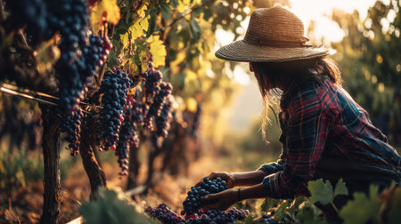 A winemaker examines ripe grapes in a vineyard at golden hour, surrounded by lush vines, illuminated by soft warm sunlight.の素材
