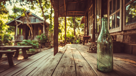A rustic farmhouse in a vineyard setting features a weathered wooden table with a vintage bottle, evoking a sense of nostalgia and tranquility.の素材