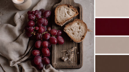A collection of ripe grapes and slices of bread arranged on a wooden board, showcasing an artistic palette tied to wine culture.の素材