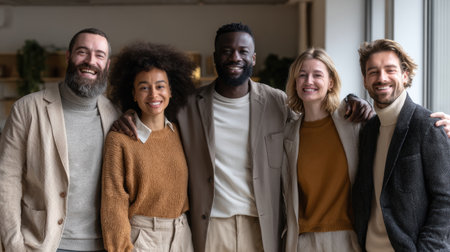 A diverse group of professionals stands together in a modern office, displaying warm smiles and inclusive body types under bright sunlight.の素材