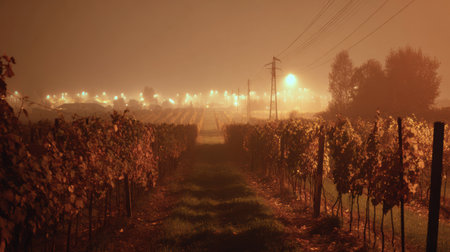 Glowing gold lights shine through thick night fog, illuminating rows of grapevines in a serene vineyard scene.の素材