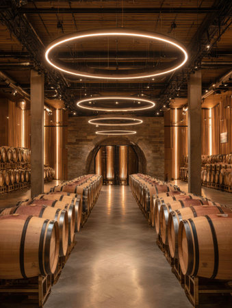 Luxurious wine cellar features perfectly structured oak barrels illuminated by soft golden lights, creating a serene atmosphere for wine lovers.の素材