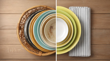 On one side, a stack of dirty dishes shows signs of use while the other side displays neat, clean plates ready for use.の素材