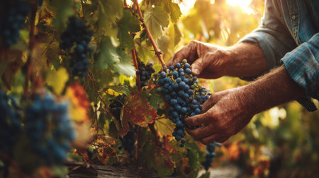 Farmers harvest ripe grapes in a vineyard under warm sunlight, showing the beauty of nature and the labor of love during grape picking season.の素材